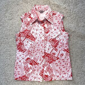 Vintage 70s Shirt Women Medium Red White Sleeveless Retro Mod Button Up Sears